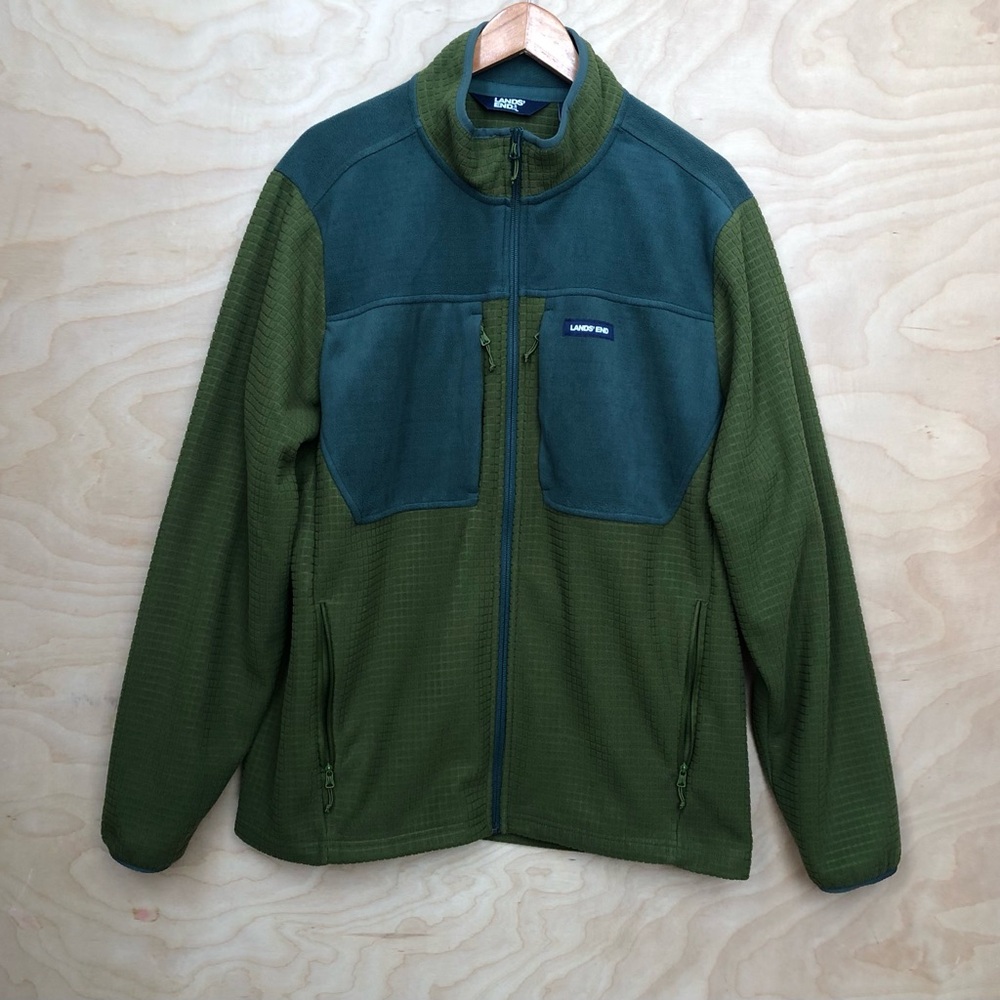 Lands' End Mens Green Color Block Full Zip Coat Fleece Jacket Large (42/44)